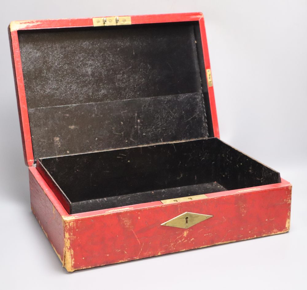 A red leather despatch box bearing King George V royal cypher, locked with key inside, width 41cm